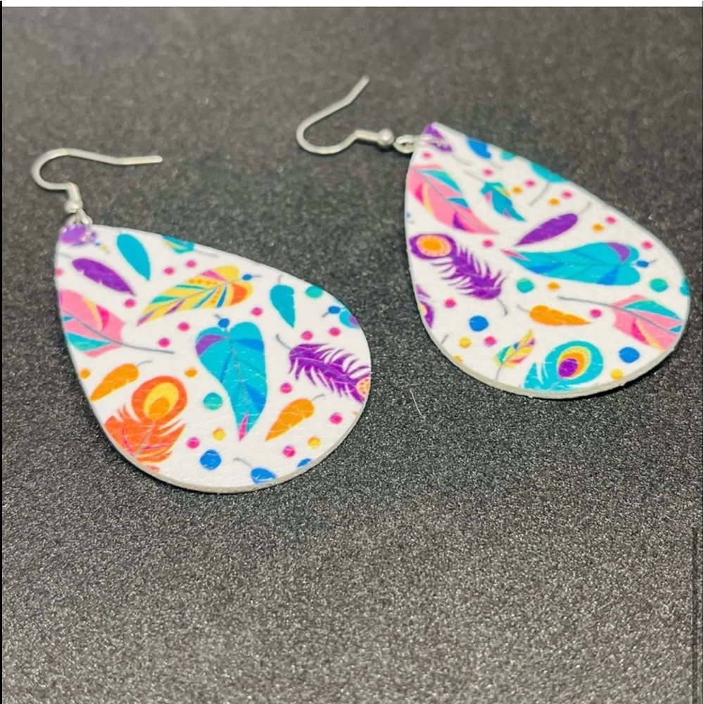 New Handmade S925 Sterling Silver Leather Rainbow Feather Dangle Earrings